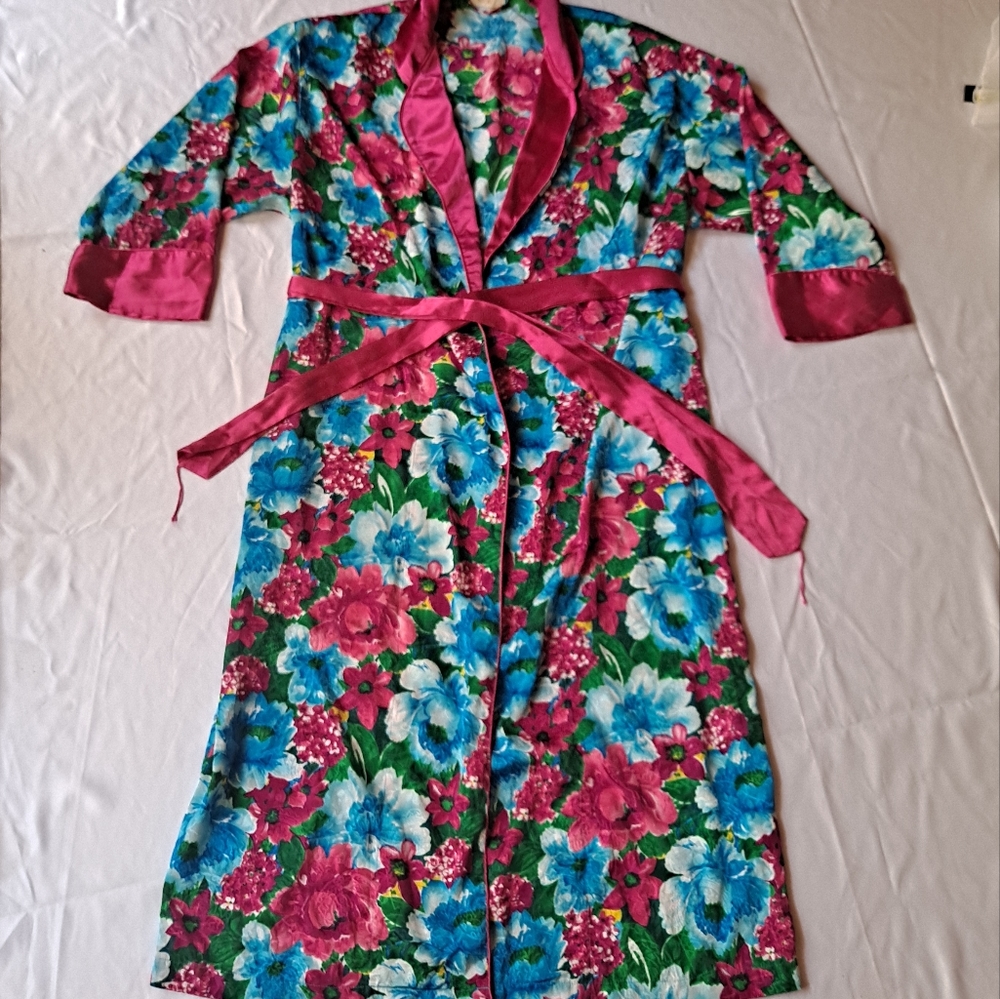 Victoria's Secret Gold Label Floral Satin-Trim Robe Small Oversized